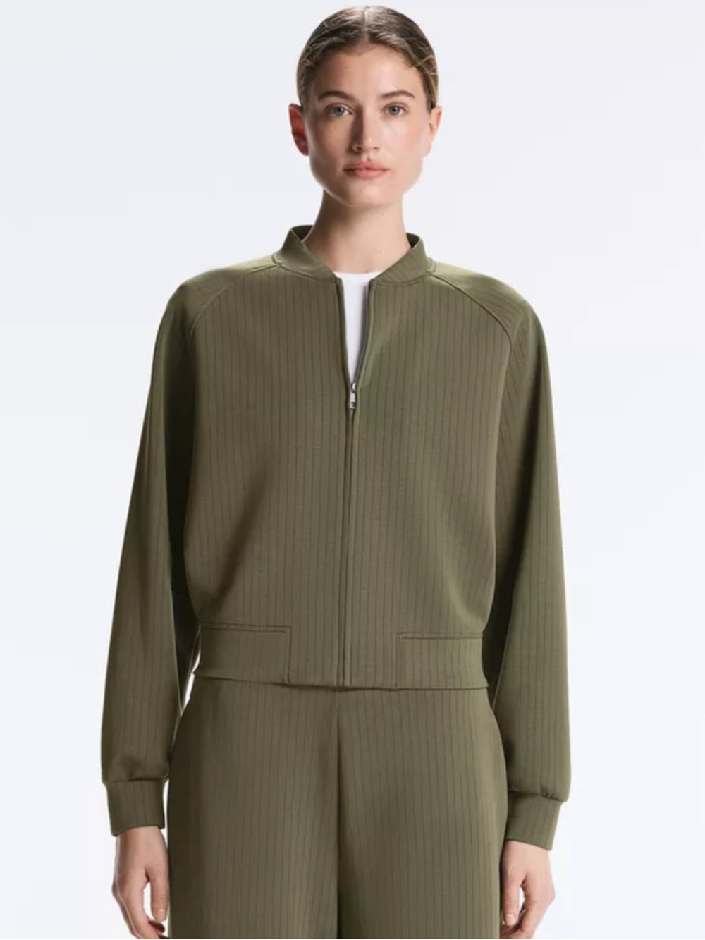 OYSHO Modal Striped Zip Bomber Jacket Khaki Size M Soft Touch Ribbed Cropped NWT
